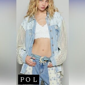 431 POL Balloon sleeve lace trim woven denim jacket -Denim Patchwork4